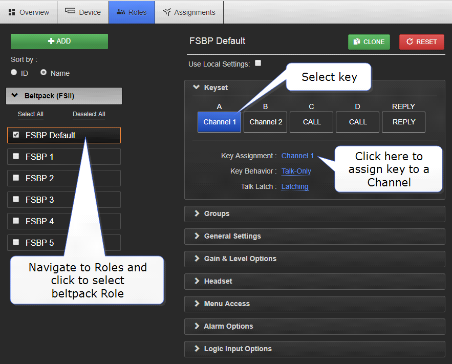 beltpack key to Channel