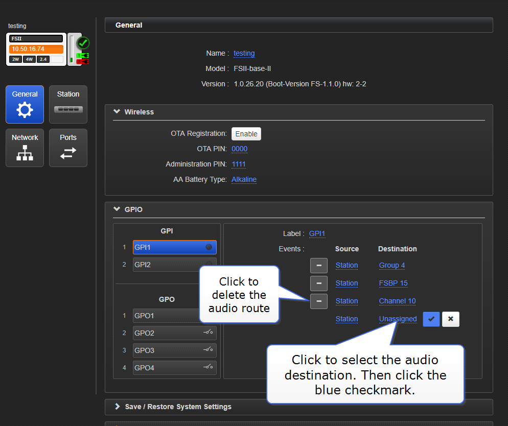 configure an audio route on a GPI #4