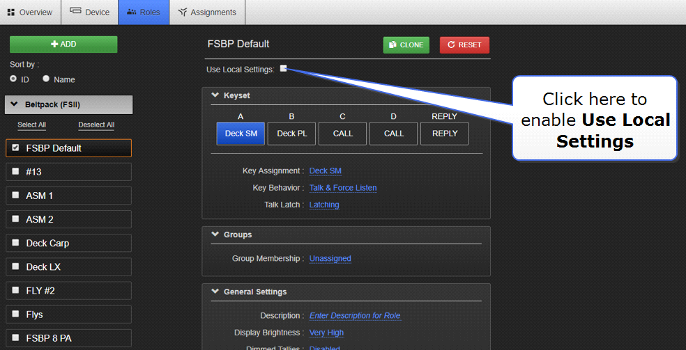 Use local beltpack settings
